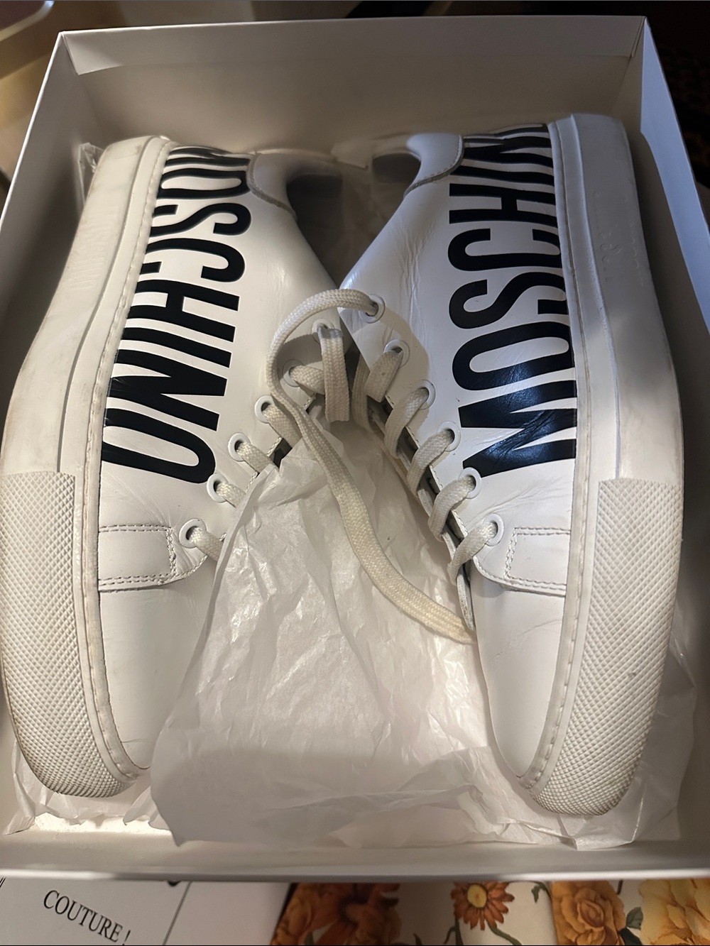 Moschino White Leather Low-Top Sneakers with Black Logo